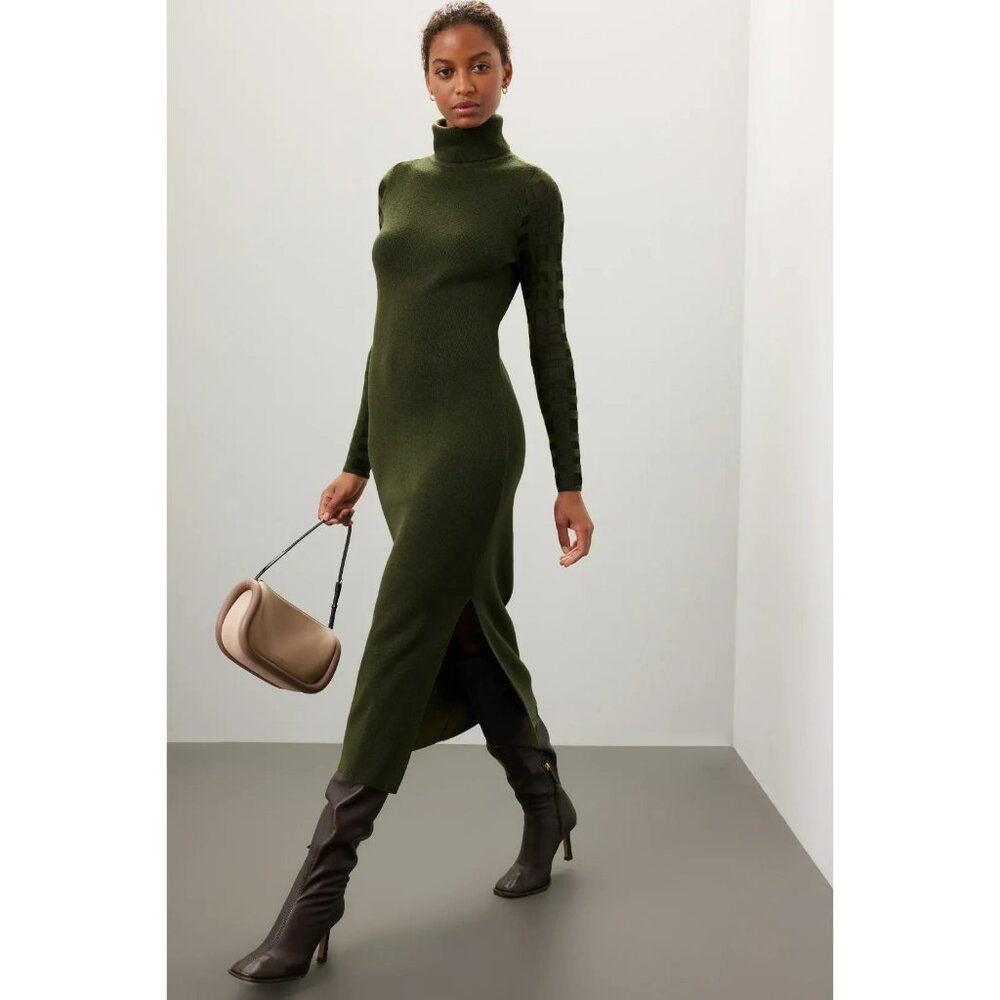 Elegant Olive Green Turtleneck Dress